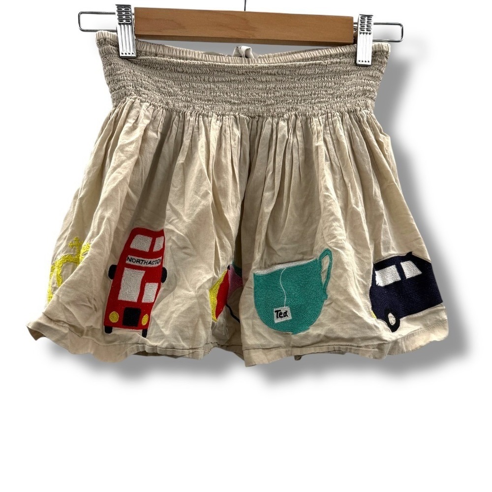 Mini‎ Boden Appliqué Skirt Girls Size 7-8 London Theme Elastic Waist Beige